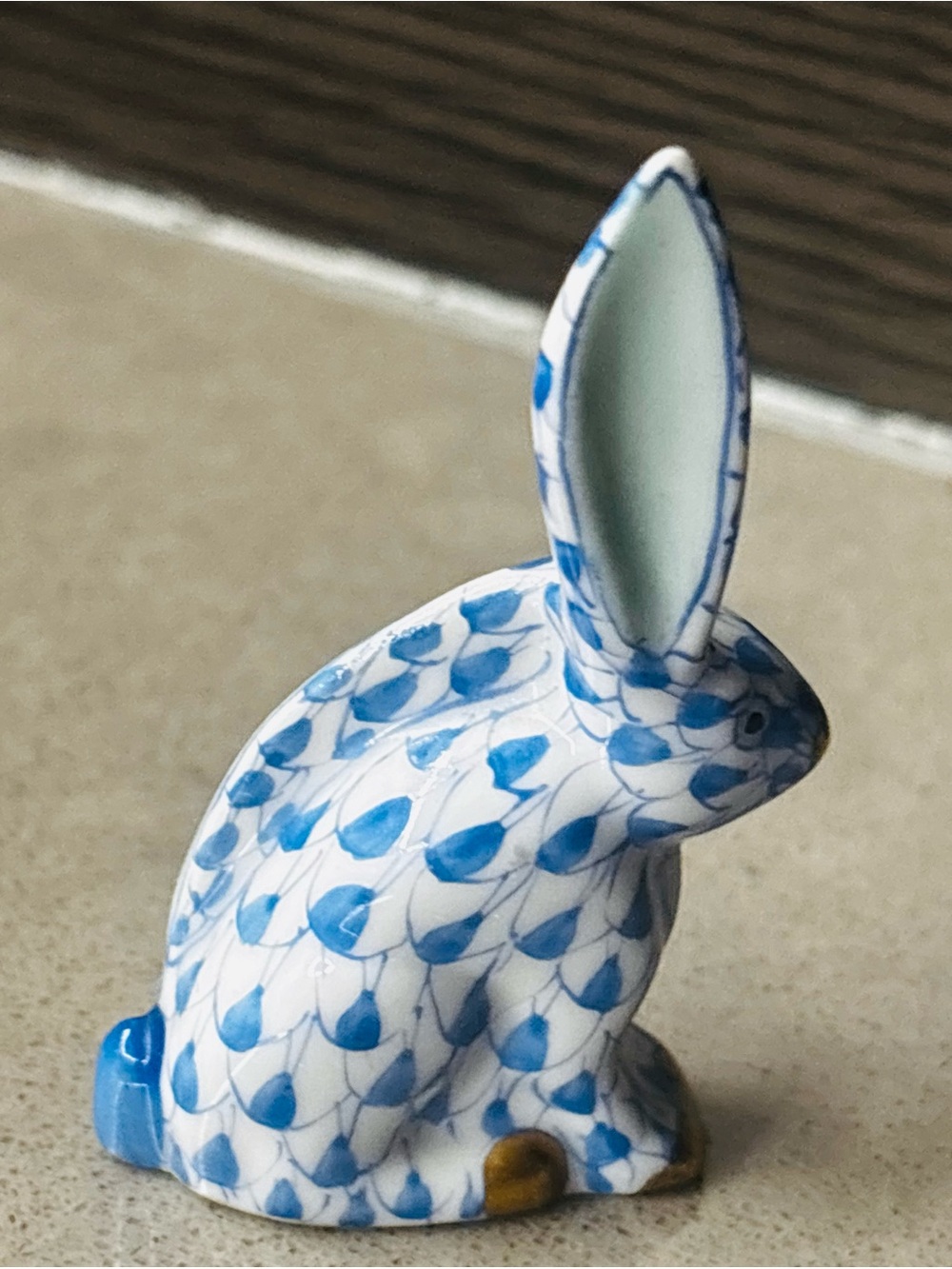 Herend Blue and White Fishnet Ceramic Bunny Figurine, 3”Decorative Home Accent